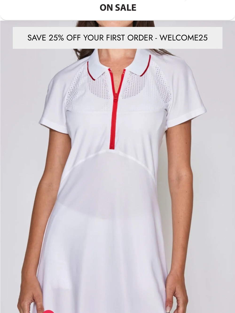 White Athletic Polo Zip Tennis Dress with Red Trim